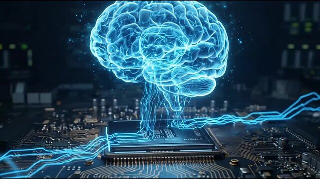 Digital brain hologram glowing on computer motherboard CPU.