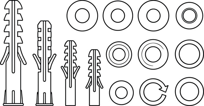 Collection of Wall Plugs Washers and Retaining Rings Vector Line Illustration Set