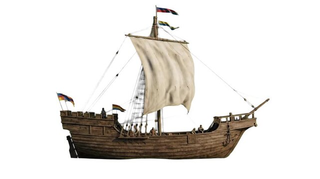A 3D rendered wooden ancient ship with a large canvas sail floats calmly against a clean white background. This isolated clip is perfect for education, history presentations, and minimalist advertisin
