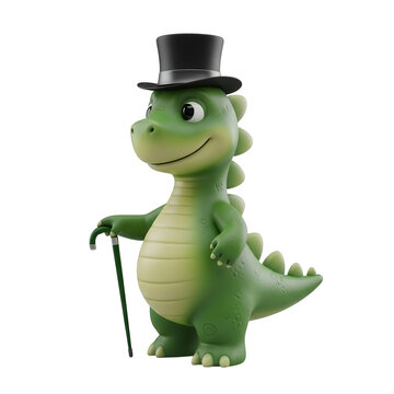 Cartoon dinosaur in top hat with cane