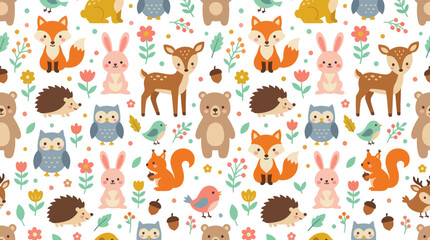 Fototapeta premium Cute Flat Cartoon Vector Illustration Seamless Pattern of Adorable Woodland Forest Animals for Kids and Baby Products