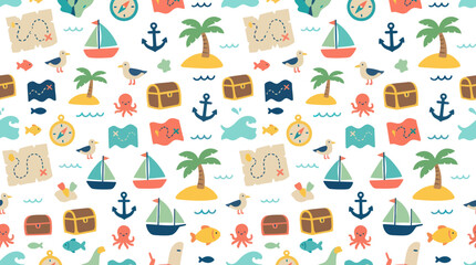 Fototapeta premium Flat Cartoon Maritime Adventure Seamless Pattern with Pirate and Ocean Elements