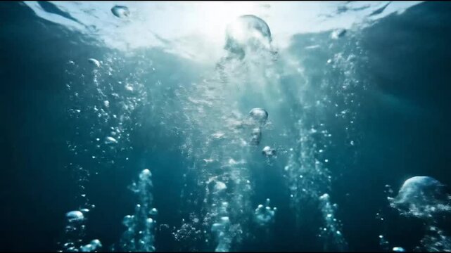 Sunlit water bubbles rising in deep blue ocean.