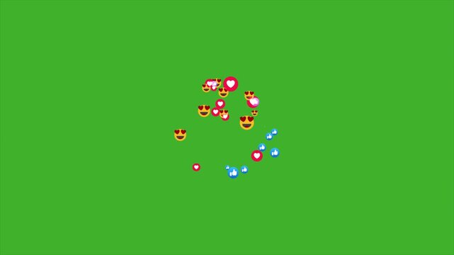 Reaction emoji burst animation on green screen, social media emoji explosion, floating emoticon icons, like love laugh feedback effect, chroma key overlay