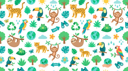 Fototapeta premium Cute Animals and Nature Pattern, Flat Style, Eco-friendly Concept