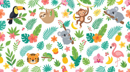 Fototapeta premium Cute Tropical Jungle Animals and Leaves Flat Vector Seamless Pattern for Kids and Nature Designs