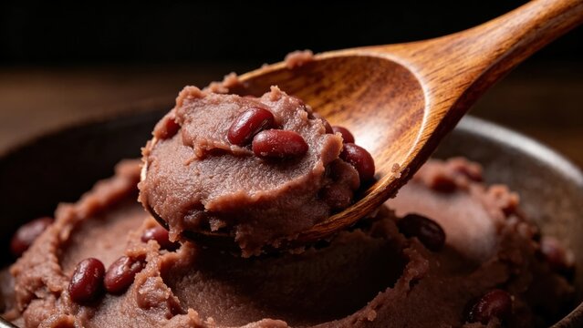 Wooden spoon scooping thick sweet red bean paste, Artisan bakery ingredient preparation.