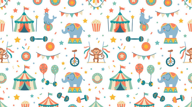 Cute Flat Vector Seamless Circus Pattern with Animals, Tents, and Entertainment Elements