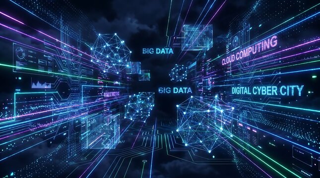 Futuristic Digital Data Stream Cyber City Concept.