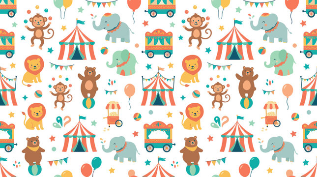 Seamless Circus Animals and Tents Flat Illustration Pattern for Kids Entertainment