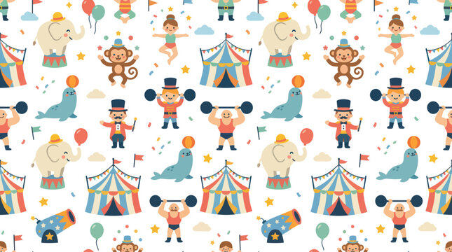 Cute Flat Design Circus Seamless Pattern with Cartoon Animals, Performers, and Tents for Kids Entertainment