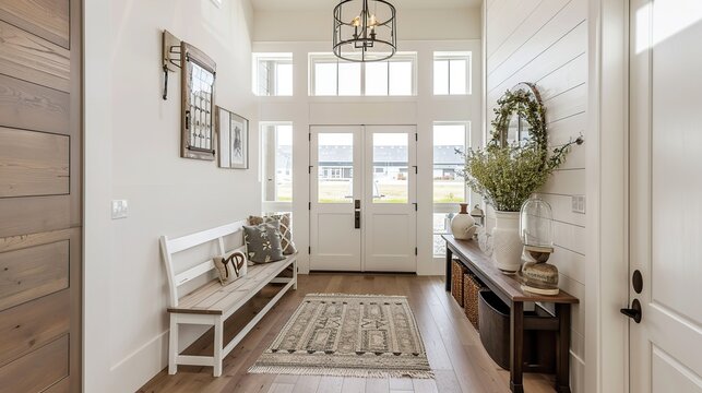 Bright Scandinavian-inspired entryway with bench, console table, and lush greenery