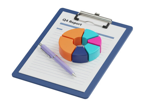 A modern dark blue clipboard with a q4 report, vibrant 3d donut chart and lavender pen on a white background. Concept of financial review and data analysis