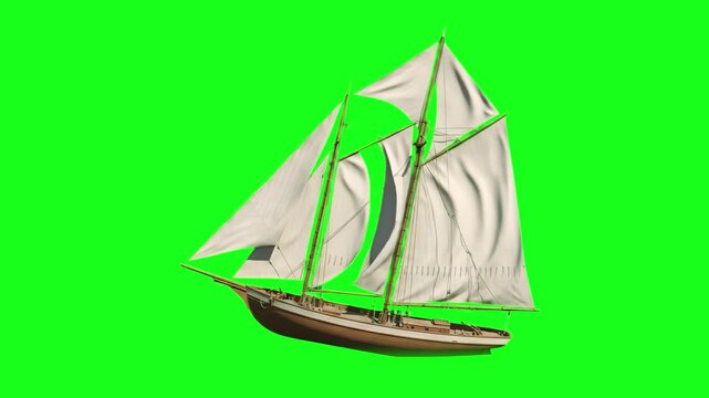 A pristine 3D model of a white luxury sailboat yacht with rigging and sails catching the wind, animated over a chroma key green screen backdrop. Great for marine travel concepts, luxury yachting lifes