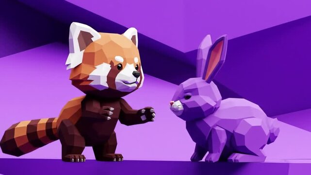 A low poly red panda and a purple rabbit stand together in a vibrant studio setting