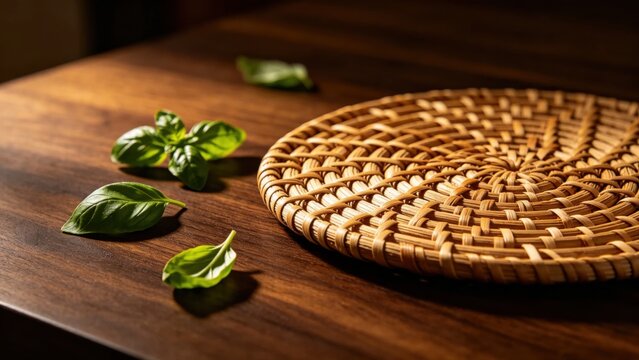 Handwoven rattan trivet with scattered basil leaves, High end culinary mockup background.
