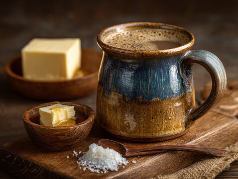 Bulletproof coffee with butter and MCT oil, rustic mug