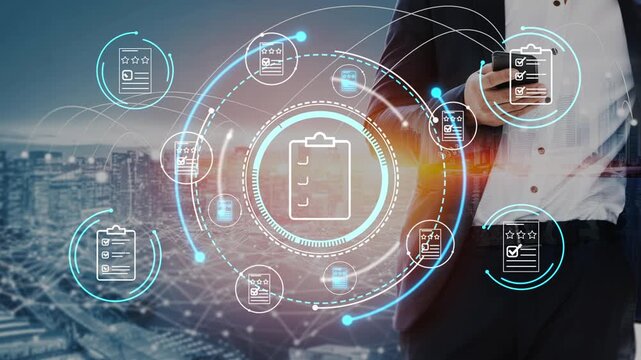 Businessman Holding Smartphone with Checklist Interface Overlaid on Urban Background and Technology Graphics. Entropy.