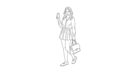 Obraz premium Young Woman Holding Smartphone and Bag, Standing Full Body Line Art Illustration
