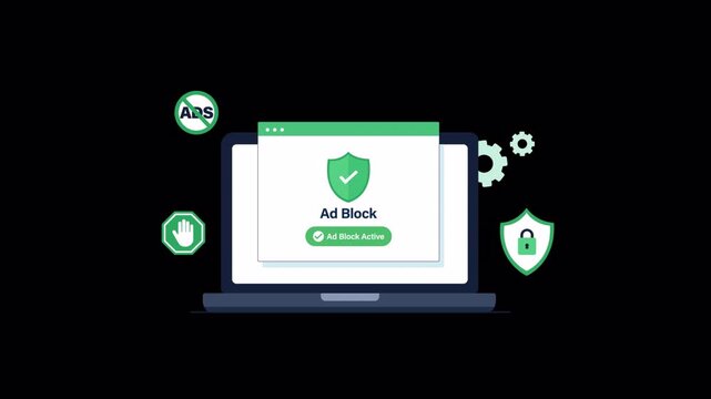 Laptop with Ad Block Pop-up, Security Shield. Online Privacy Concept Animation Video - Transparent
