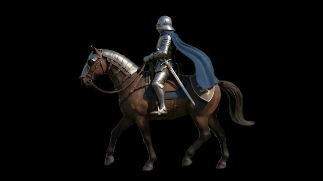 A 3D animated scene of a medieval knight wearing full steel plate armor and a blue cape, riding a brown horse against a black backdrop. Perfect for historical documentaries, cinematic intros, and fant