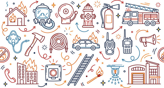 Firefighter and emergency rescue hand drawn doodles illustration with emergency services fire department firefighter emergency protection equipment extinguisher building incident