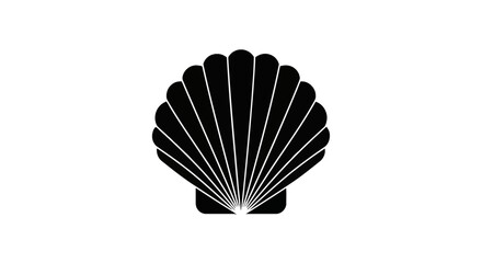 Minimalist black scallop shell silhouette vector illustration on white background. Symmetrical fan-shaped seashell icon with clean lines, representing marine life and ocean nature.