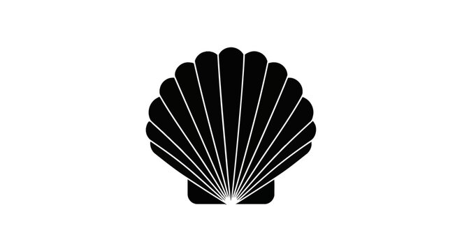 Minimalist black scallop shell silhouette vector illustration on white background. Symmetrical fan-shaped seashell icon with clean lines, representing marine life and ocean nature.