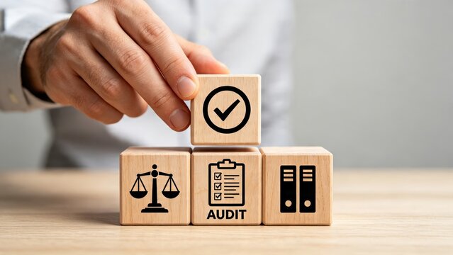 Hand placing wooden block with checkmark icon on top of audit and legal symbols representing compliance verification and quality assurance