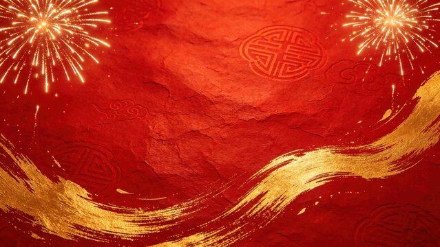 Red textured background with golden fireworks, Chinese New Year festive celebration.