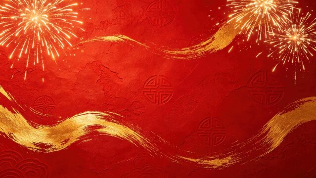 Red textured background with golden fireworks, Chinese New Year festive celebration.