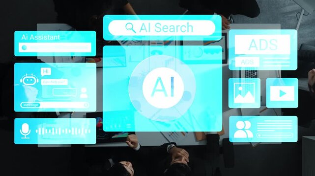 Digital Interface with AI Search, Assistant, and Ads Displayed on Various Screens in a Modern Office Environment Gluon.