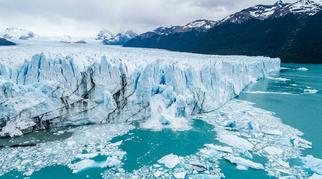 Panoramic View of Massive Glacier Terminus Wall and Floating Icebergs in Glacial Lagoon