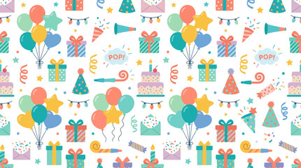 Fototapeta premium Flat Design Celebration Party Supplies Seamless Pattern with Balloons, Gifts, Cakes, and Confetti