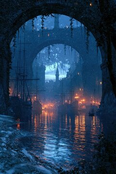 A dreamlike twilight coastal cityscape emerges through ancient archways and hanging vines, where ghostly ships, pale radiance, and sunless seas reflect on tranquil waters. The scene blends snow-duste