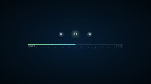 A modern, dark-themed user interface for an audio or video player, featuring neon green and cyan glow effects