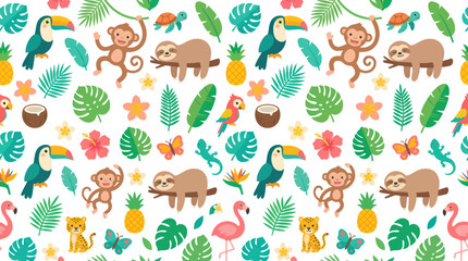 Fototapeta premium Cute Tropical Jungle Animals Seamless Pattern Flat Design