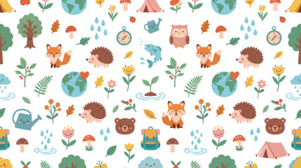Fototapeta premium Cute Forest Animals and Nature Elements Seamless Pattern, Flat Vector Art