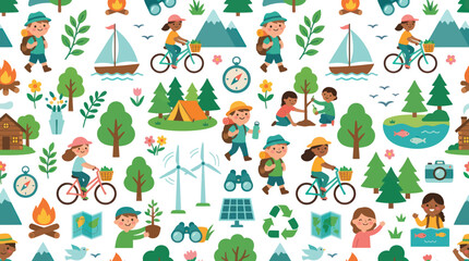 Fototapeta premium Cheerful Flat Vector Seamless Pattern: Kids' Outdoor Nature Adventures Eco-Friendly Activities