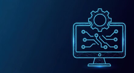 Obraz premium Outline of a computer monitor with a circuit board design and a gear on top against a dark blue background