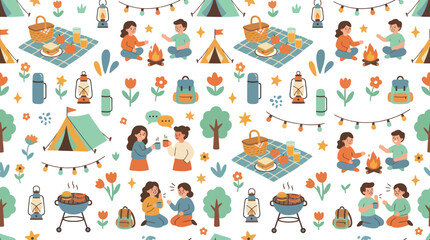 Fototapeta premium Camping seamless pattern with flat vector illustrations of people, campfires, tents, and picnics for outdoor recreation.