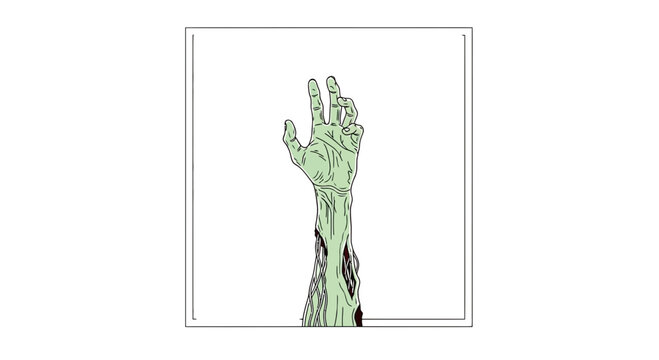 Green zombie hand rising from dark ground, horror concept, illustration