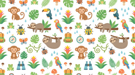 Fototapeta premium Cute Jungle Animals and Tropical Plants Seamless Pattern, Flat Style