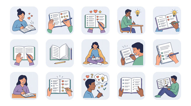 Diverse people journaling and writing for mental health self care and work productivity