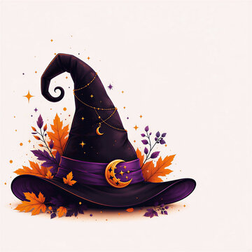 Elegant Witch Hat Halloween Flat Illustration with Magical Sparkles