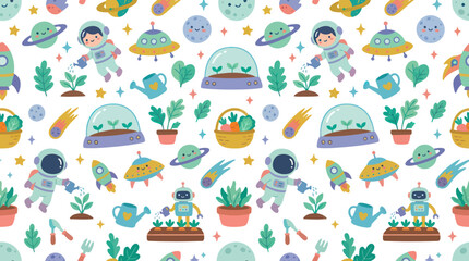 Fototapeta premium Cute Space Adventure Pattern: Astronauts, Robots, Rockets Planets