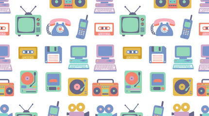 Fototapeta premium Retro Technology Flat Vector Seamless Pattern: Vintage Electronic Gadgets and Devices