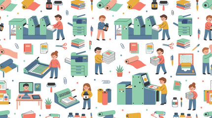 Fototapeta premium Printing Industry Flat Illustration Seamless Pattern with Offset and Digital Machines, Paper, Books, and Workers.