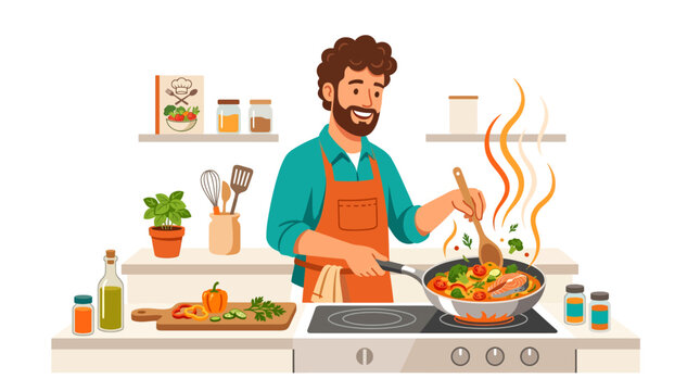 Flat Vector Illustration of a Happy Bearded Man Cooking Healthy Food in the Kitchen