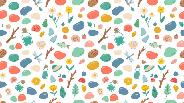 Flat Nature Elements Seamless Pattern: Pebbles, Sea Glass, Shells, Flowers, Twigs for Summer Beach  Wellness